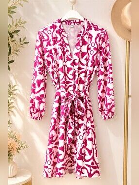 Pink & White Printed Belted Dress